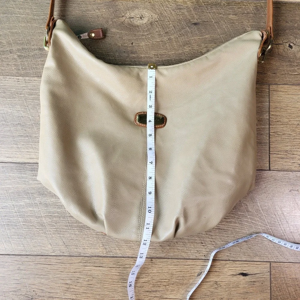 Capezio Vintage Beige Faux Leather Hobo Shoulder Bag Cognac Trim Gold Hardware